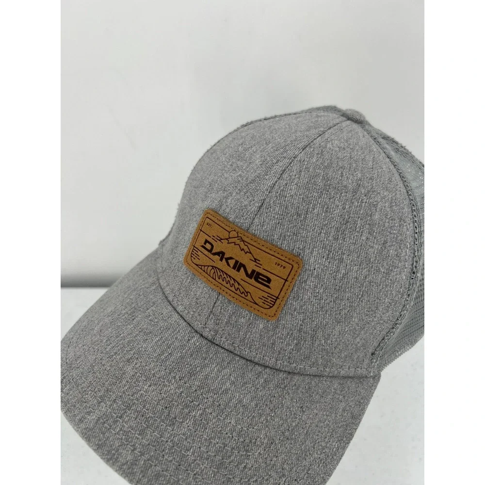 Dakine Mens Heather Grey Mesh Back Trucker Hat Faux Leather Patch Snapback Cap